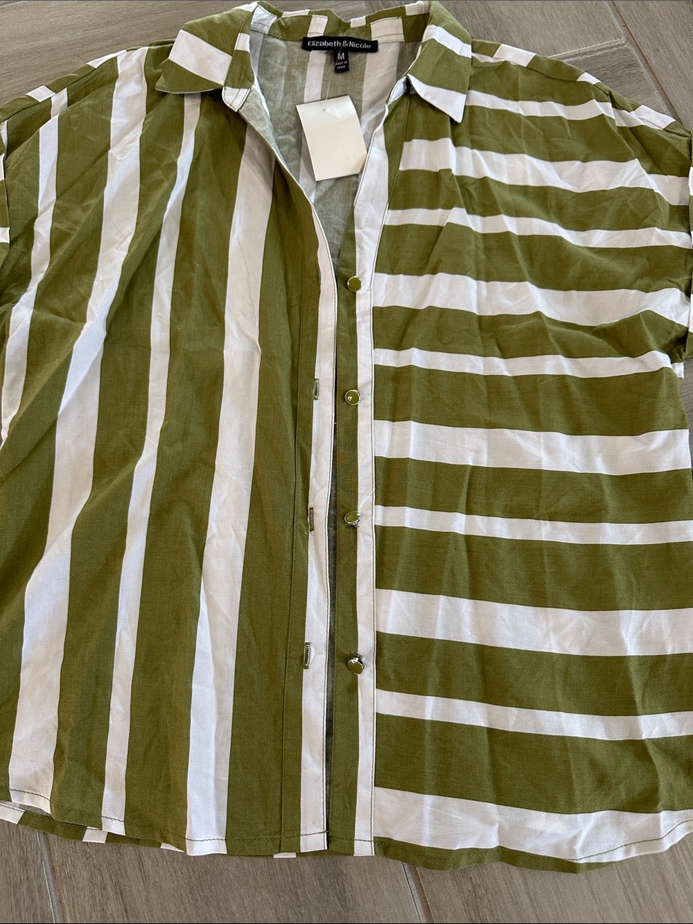 Olive Green and White Striped Women Button Shirt - Picture 2 of 5